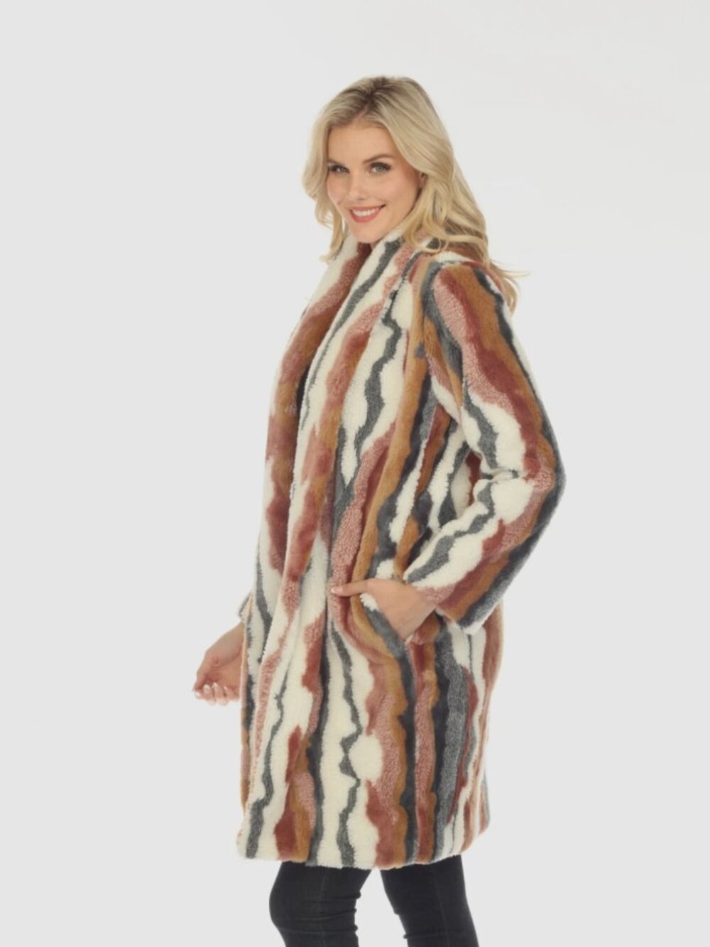 NEW Johnny Was Ziggy Faux Fur Open Front Coat Boho Chic Multi Stripe L R48023 - Picture 6 of 14